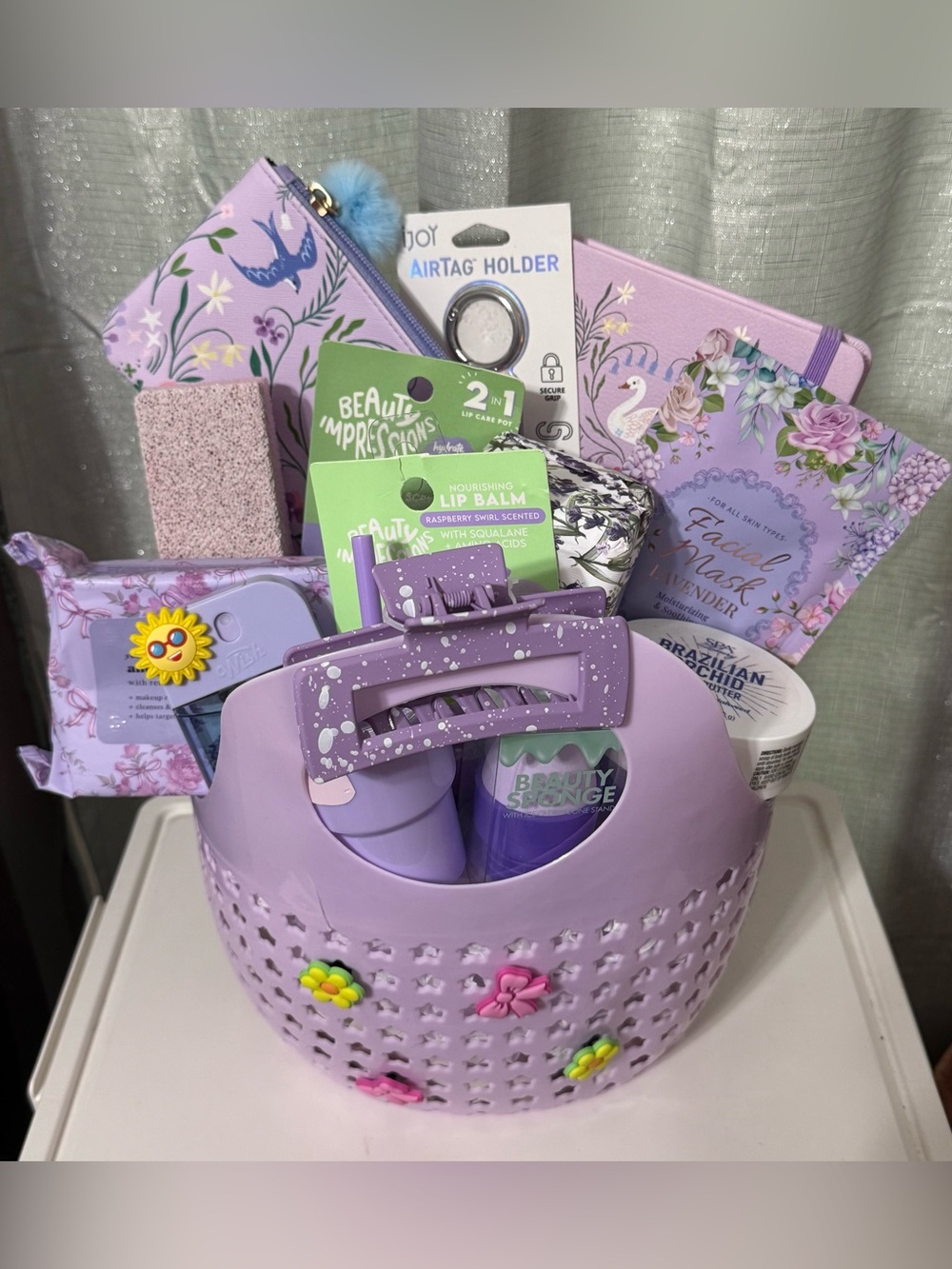 Mini Purple Accessory Gift Basket with Beauty & Bath Essentials